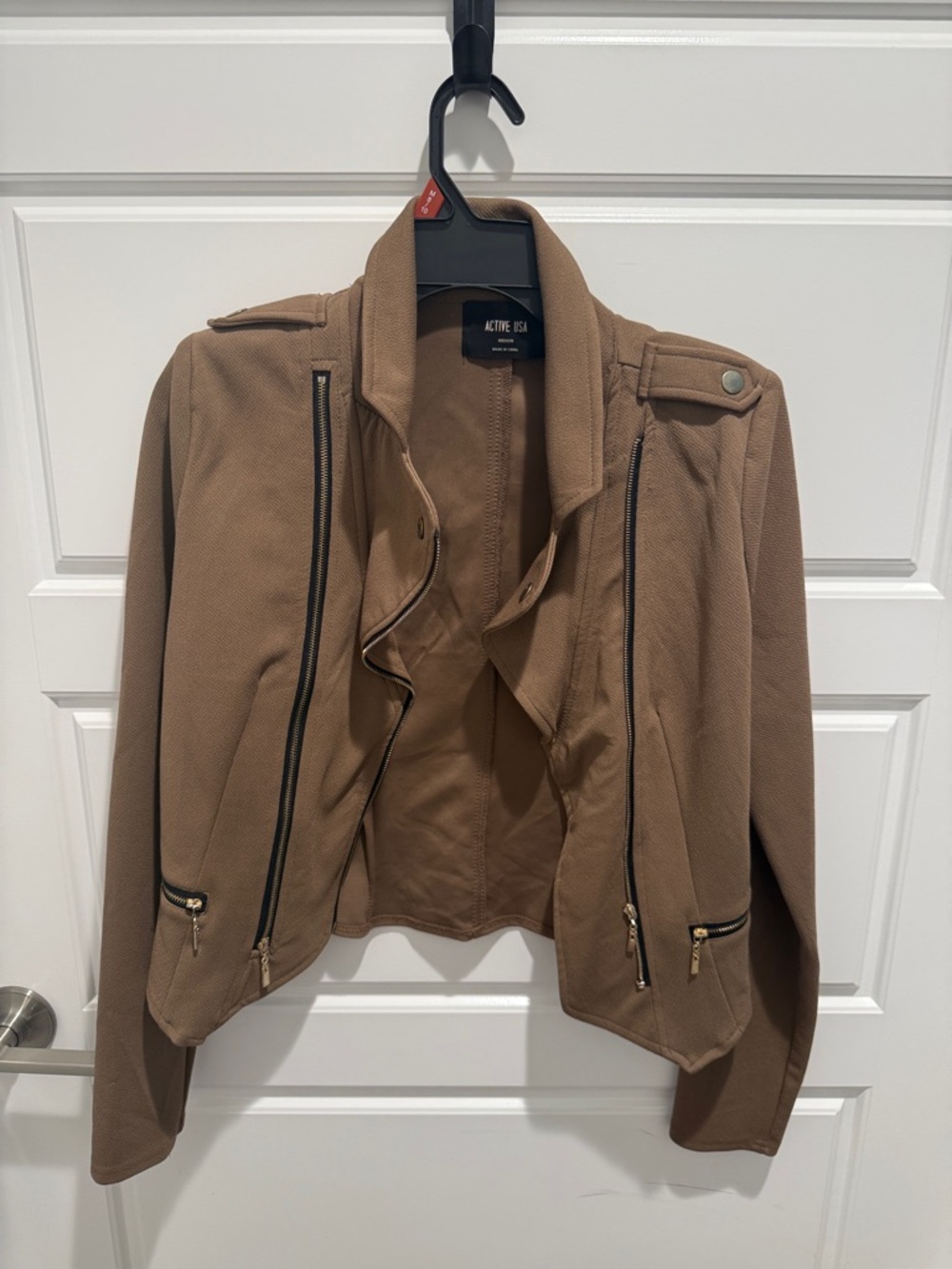 Active USA Brown Tan Moto-Style Jacket with Zip Details